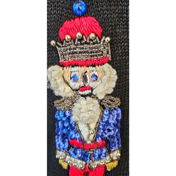 Vtg Christmas Cardigan Sweater Petite Small Victoria Jones Beaded 3D Nutcrackers - Picture 3 of 10